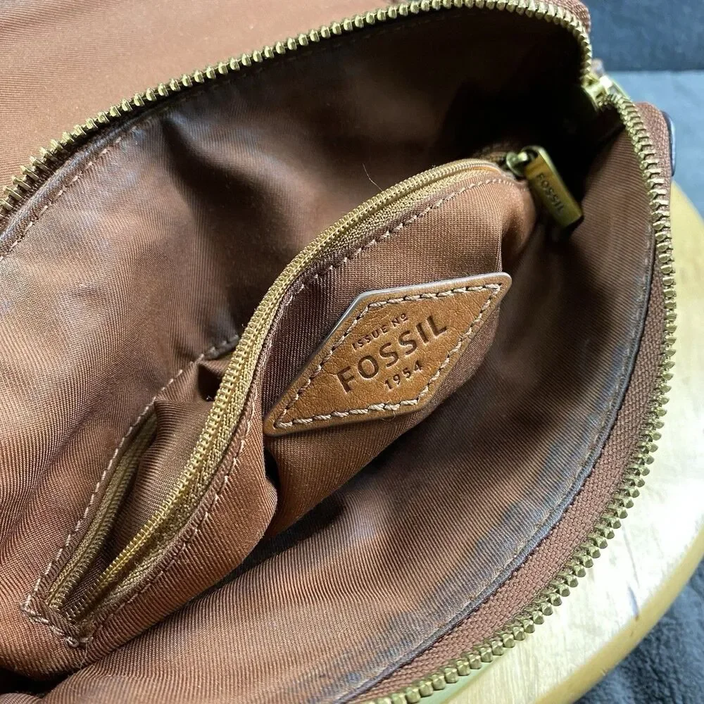 Fossil Kinley Brown Pebbled Leather Crossbody Bag Medium Satchel Brass Hardware